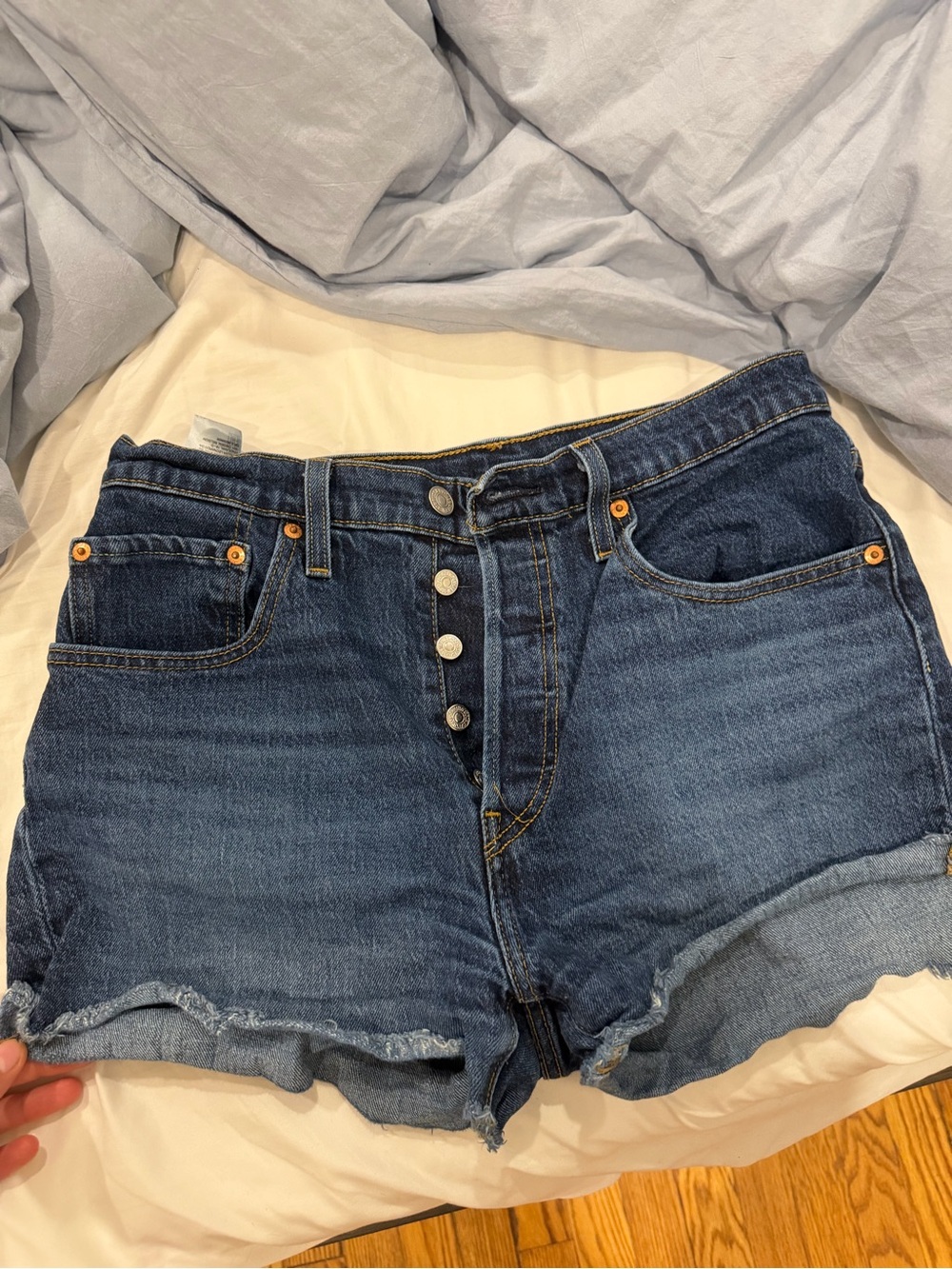 Women’s High-Rise Dark Blue Denim Shorts with Button Fly